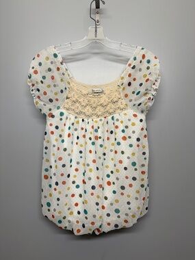 Cream Crochet Embroidery & Rainbow Glitter Polka Dot Cotton Bubble Hem Top